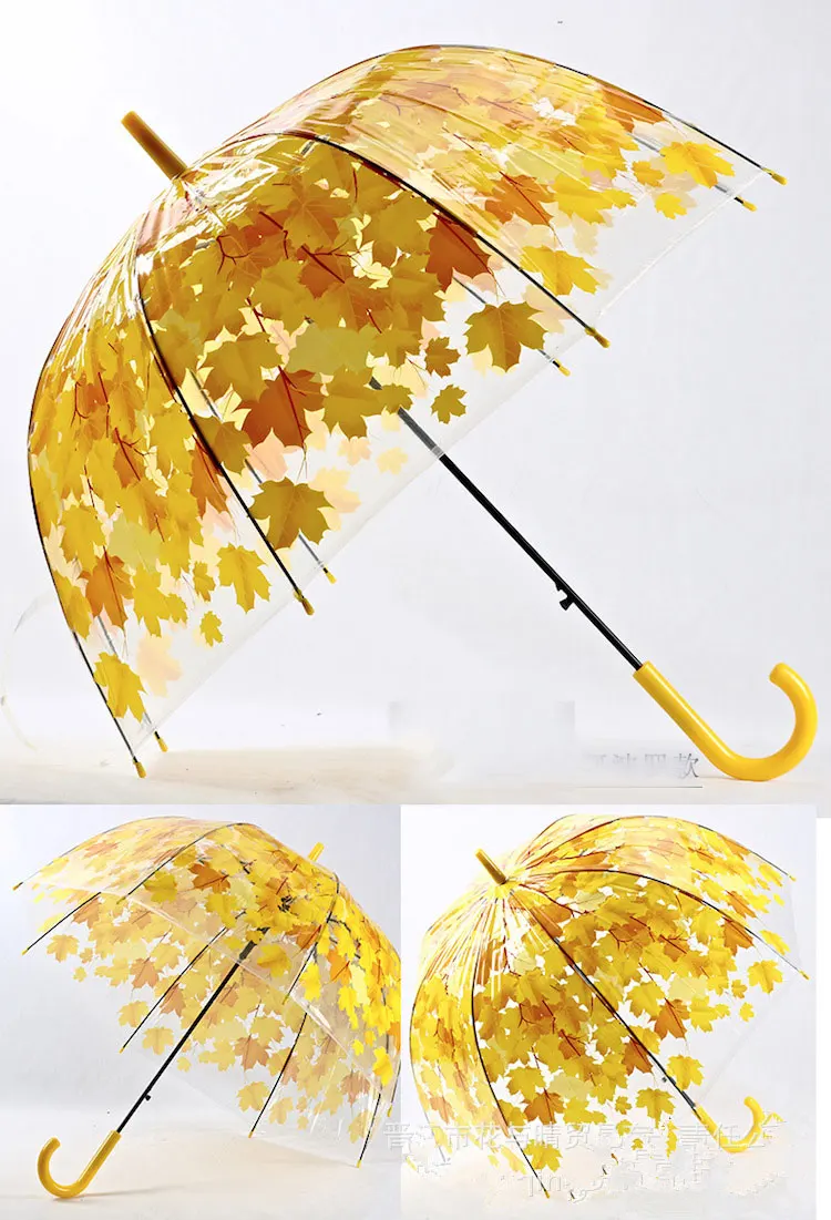 

Transparent umbrella long handle green leaf transparent umbrella straight rod hook hook umbrella bubble PVC umbrella zara women