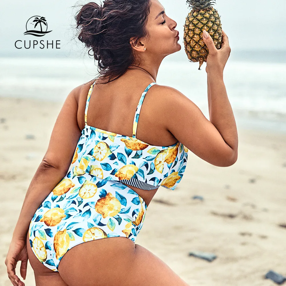Billig CUPSHE Plus Größe Blatt Und Zitrone Gedruckt Tank Bikini Tankini Frau Zwei Stück Badeanzüge 2020 Mädchen Strand Badeanzüge Bademode