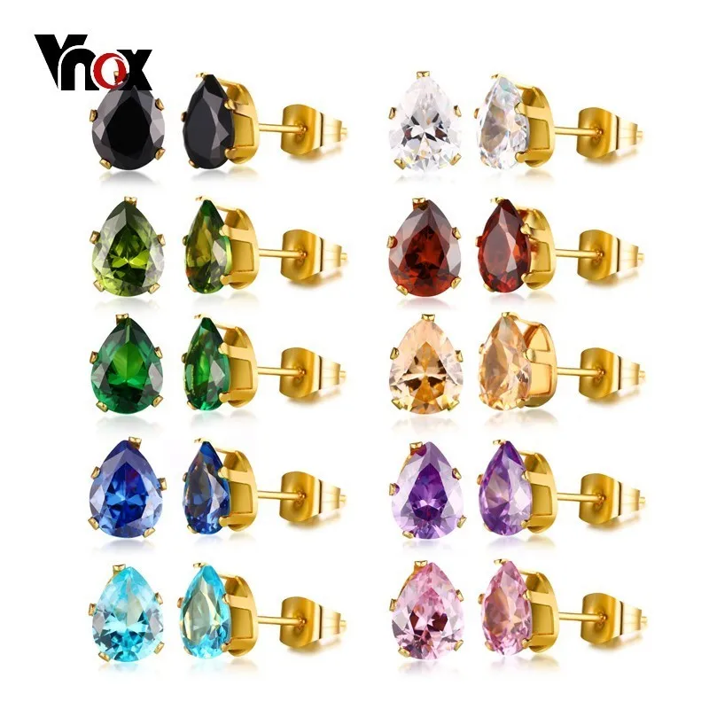 

Vnox Vintage Stud Earrings for Women with Multi-Color Water Drop Shaped CZ Stone Statement Earring 12 Pairs/Set Girl Brincos