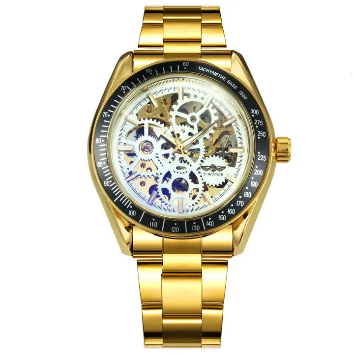 WINNER золотые часы мужские модные деловые автоматические механические мужские часы лучший бренд класса люкс ремешок из нержавеющей стали горячие часы - Цвет: GOLD WHITE