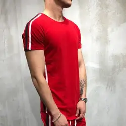 2019 Новая мужская мода Спорт Фитнес сращены полосатая футболка с круглым вырезом и короткими рукавами