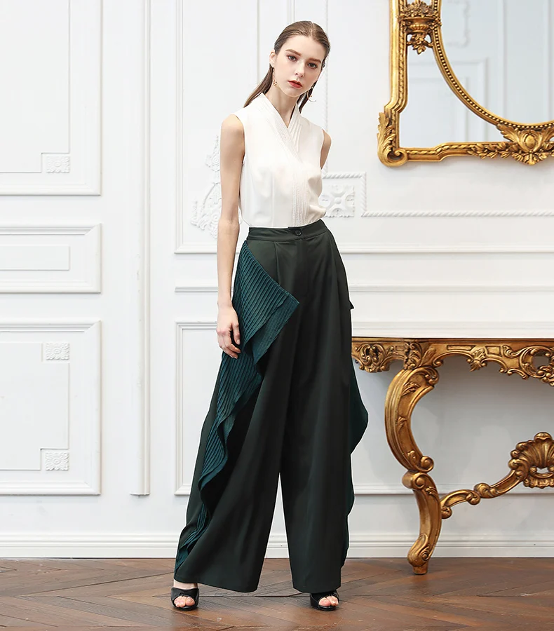 VOA тяжелый шелк плюс Размеры 5XL свободные широкие штаны Для женщин длинные брюки Повседневное оборками темно-зеленый нерегулярные середине