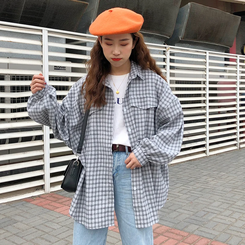 

Spring Summer Chic Loose Blouse Shirts Women Casual Streetwear Puff Sleeve Plaid Shirts Female All Match Harajuku Korean Blusas