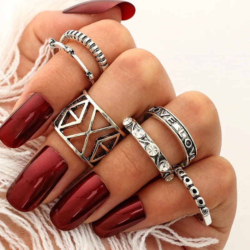 Personality Retro 6 Pieces Hollow Geometry Ring sets Simple Silver Color Crystal for Woman Cocktail Party Dress Accessories | Украшения и