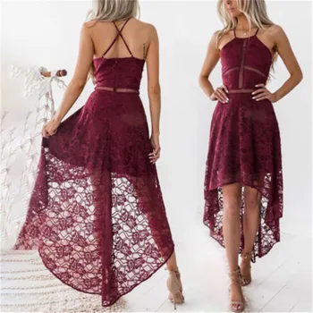 

Sexy Off The Shoulder Strappy Asymmetrical Women Party Dress Summer Lace Sheer Halter Short Mini Women's Dress Clothes