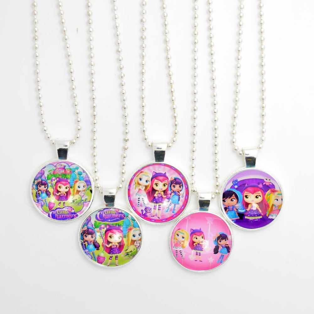 5pcs Lovely Little Charmers Photo Round Glass Cabochon Pendant Necklace