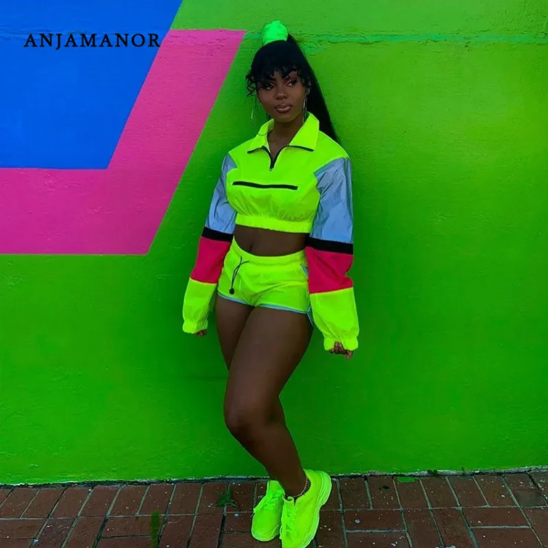 

ANJAMANOR Two Piece Set Neon Green Color Block Reflective Outfits Sports Short Matching Sets Women Tracksuit Plus Size D30-AD60