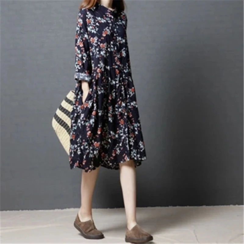 

2018 Spring Autumn New Korean Large Size Women Loose Floral Dress Vintage Long Sleeved Cotton Linen Shirt Dress Z326