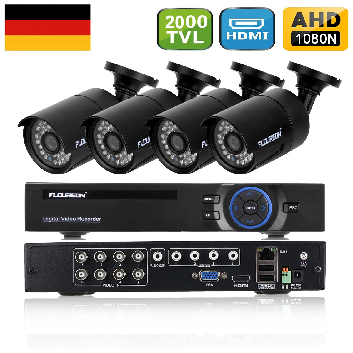 

FLOUREON 1 X 8CH 1080N AHD DVR + 4 X Outdoor 2000TVL 960P 1.3 MP Camera Security system Kit EU