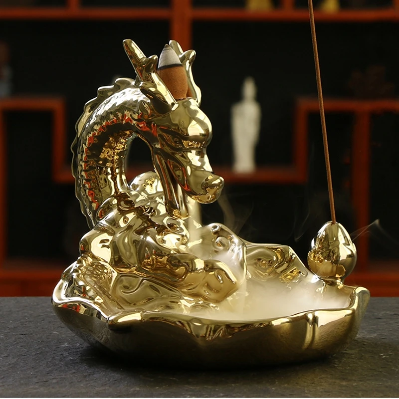 

Bright Golden Dragon Backflow Incense Burner Ceramic Incense Holder Censer Smoke Flow Waterfall Home Decor+ 10PCS Incense Cones