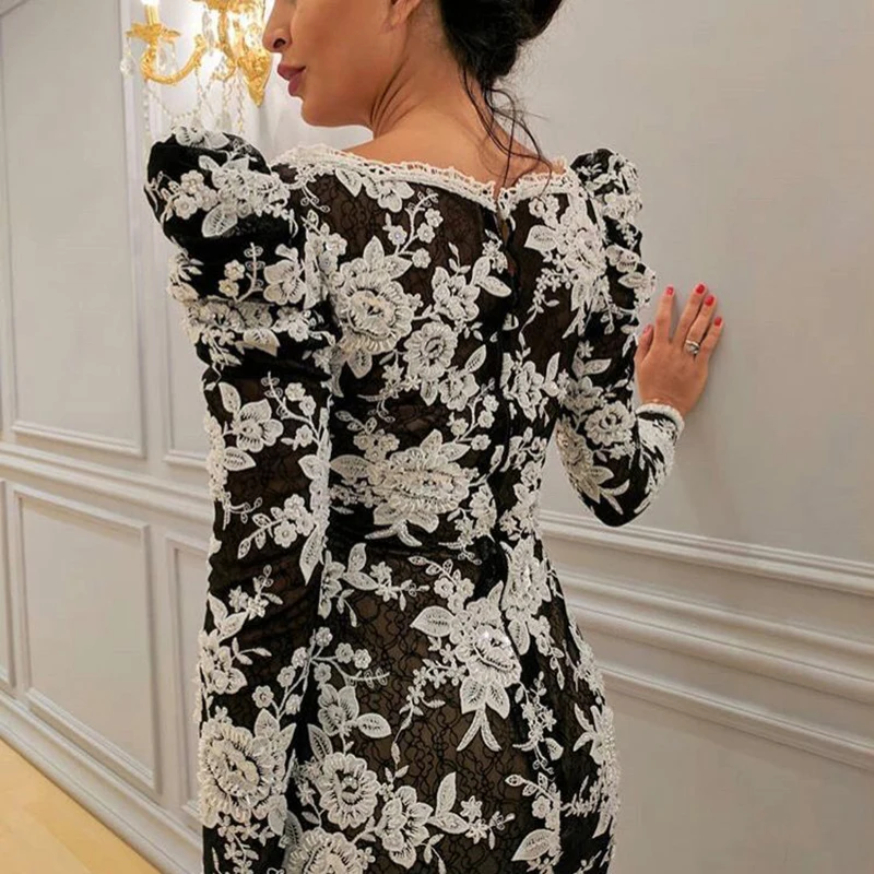 Long Sleeves Black and White Lace Muslim Abendkleider Dubai Arabic Evening Dress 2019 Robe De Soiree Long