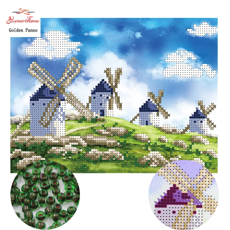 

Golden Panno,Needlework DIY Cross stitch Sets For Embroidery kits windmill pattern Counted bead Cross-Stitching 0413