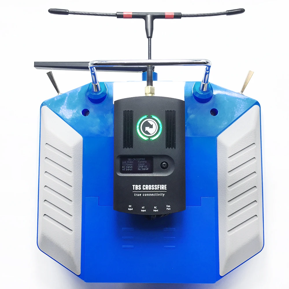 Vue de côté du Convertisseur Mod Crossfire pour FrSky QX7 X7S X10 X10S avec les ports d'antenne.