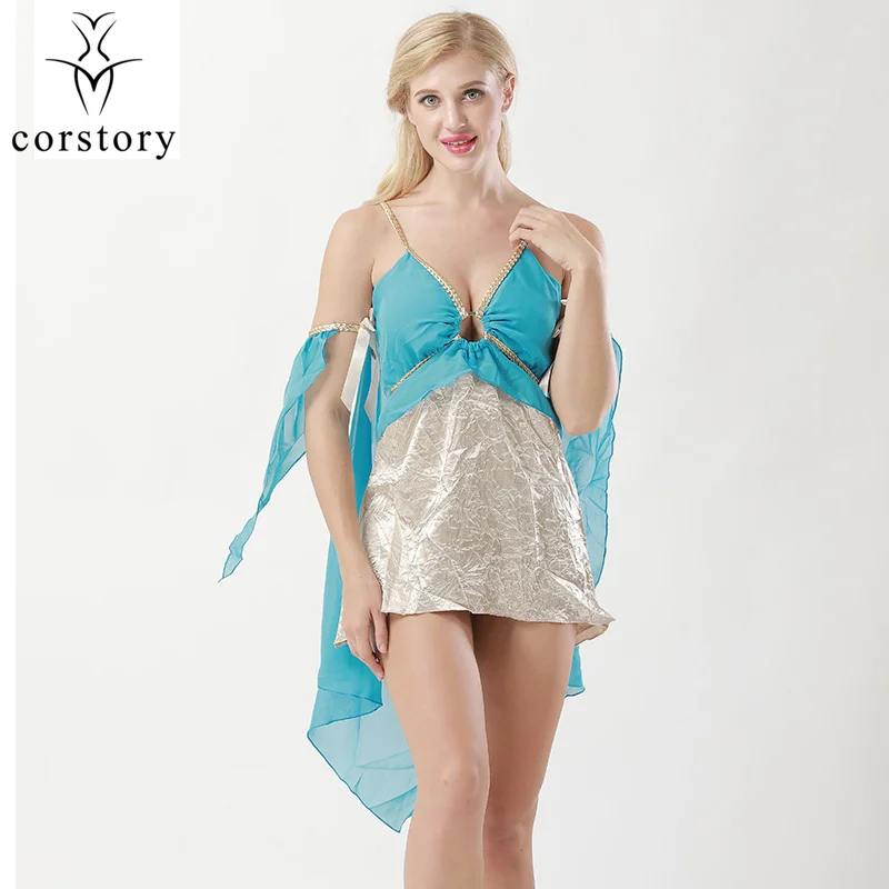 

Corsrtory Greek Goddess Blue Deep V-Neck Halloween Sexy Women Costume Feminian Carnival Dress