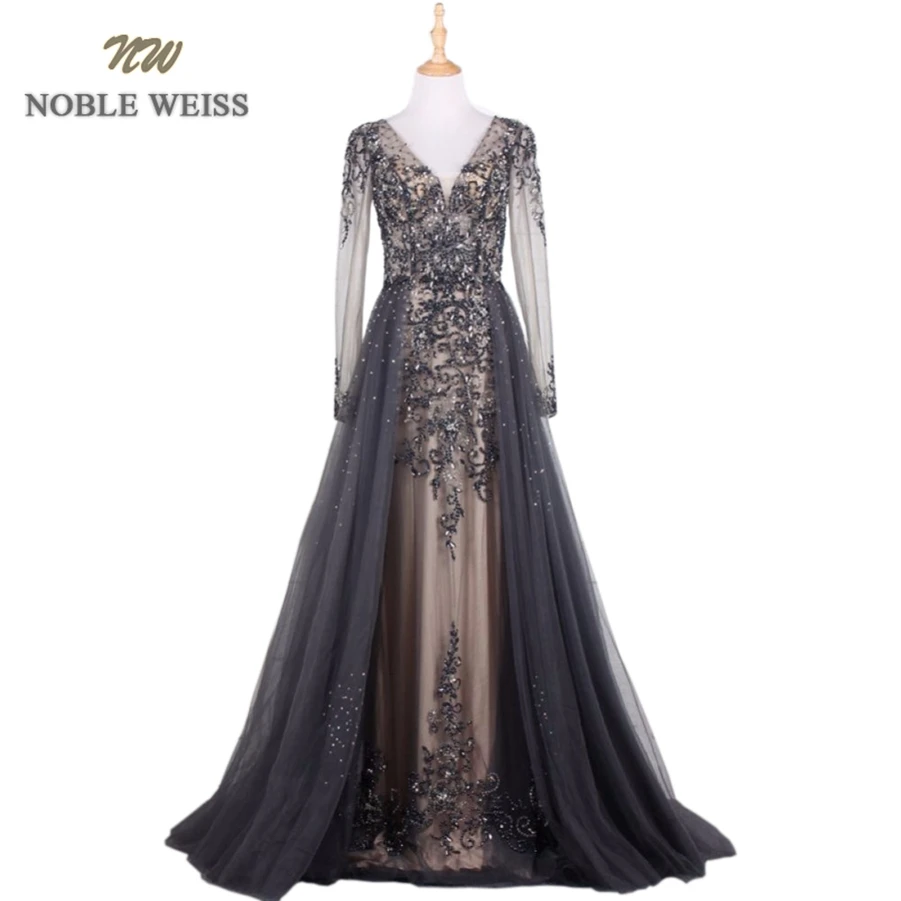 

NOBLE WEISS Sexy Evening Dresses See Through Back V-Neck Beading Customize Mermaid Long Prom Party Dress With Long Sleeves