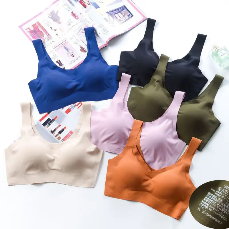 Hot Women Girls Padded Seamless Bra Vest Tops Rimless Gym Bras Plus Size Solid Color One-Piece Casual Sleep Running Sports Bra