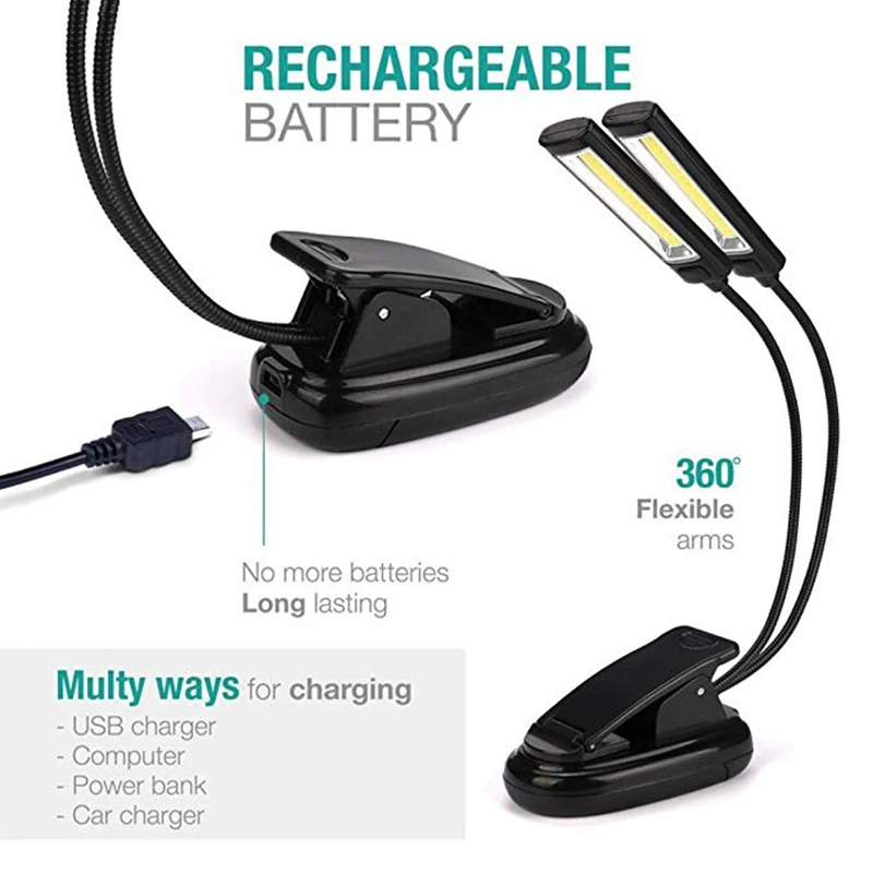  Flexible Clip On Book Light USB Rechargeable Double LED Reading Lamp Desk Table Portable Lights Mus - 32975903611