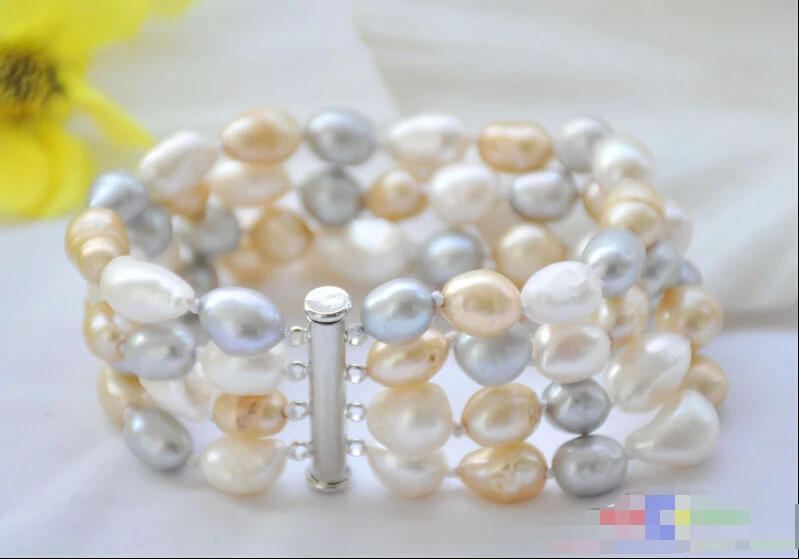 

P5089 4row 8" 12mm white gray champagne baroque freshwater pearl bracelet @^Noble style Natural Fine jewe SHIPPING new >>free sh