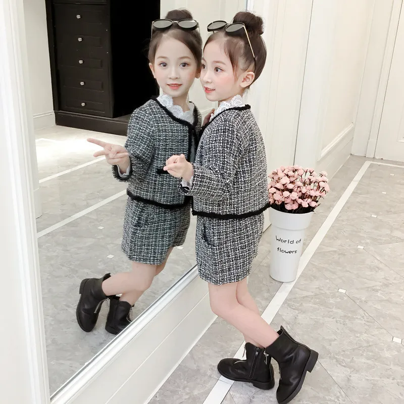 Conjunto de Roupas Jaqueta + Shorts Terno para o Bebê da Boa Traje de Treino Liligirl Crianças Meninas Temperamento Nova Xadrez 2 Pçs Qualidade 2020 9 2020 nova xadrez jaqueta + shorts 2