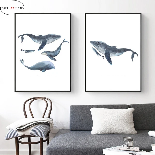 

OKHOTCN Watercolor Whales Family Love Unframed Canvas Art Print Painting Poster Wall Pictures for Home Decoration Wall Decor