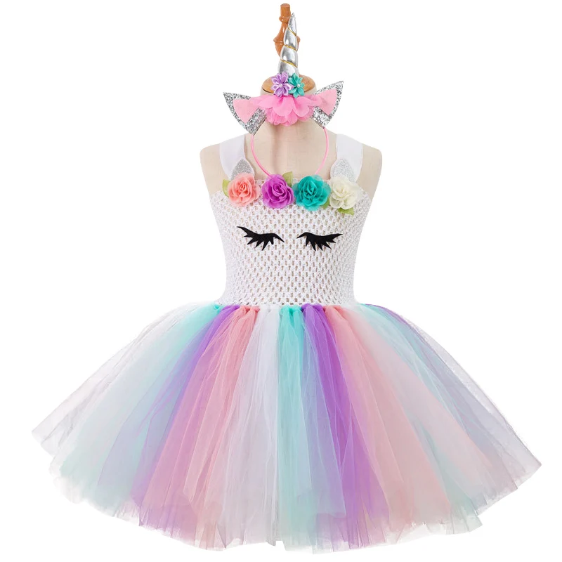 

Flower Girls Tutu Dress Pastel Rainbow Princess Unicorn Dress Baby Girl Birthday Party Dresses Kids Costume with Match Headband