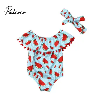 

Newborn Baby Girls Clothes Watermelon print short sleeve round neck Bodysuit Bowknot Headband 2pc cotton casual summer set