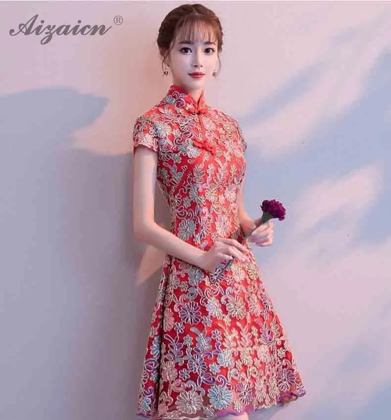 Новые летние красные невесты кружевные короткие Cheongsam платья мини Для женщин китайский свадебное платье Qi Pao Мода Восточный Стиль Ципао для