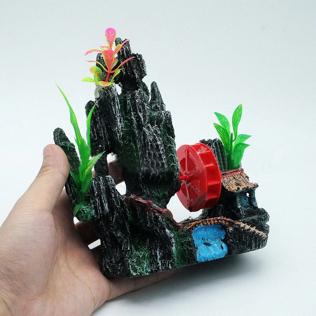 

Aquarium Ornament Mountain View Rockery Cave Windmill Fish Tank Decor Home