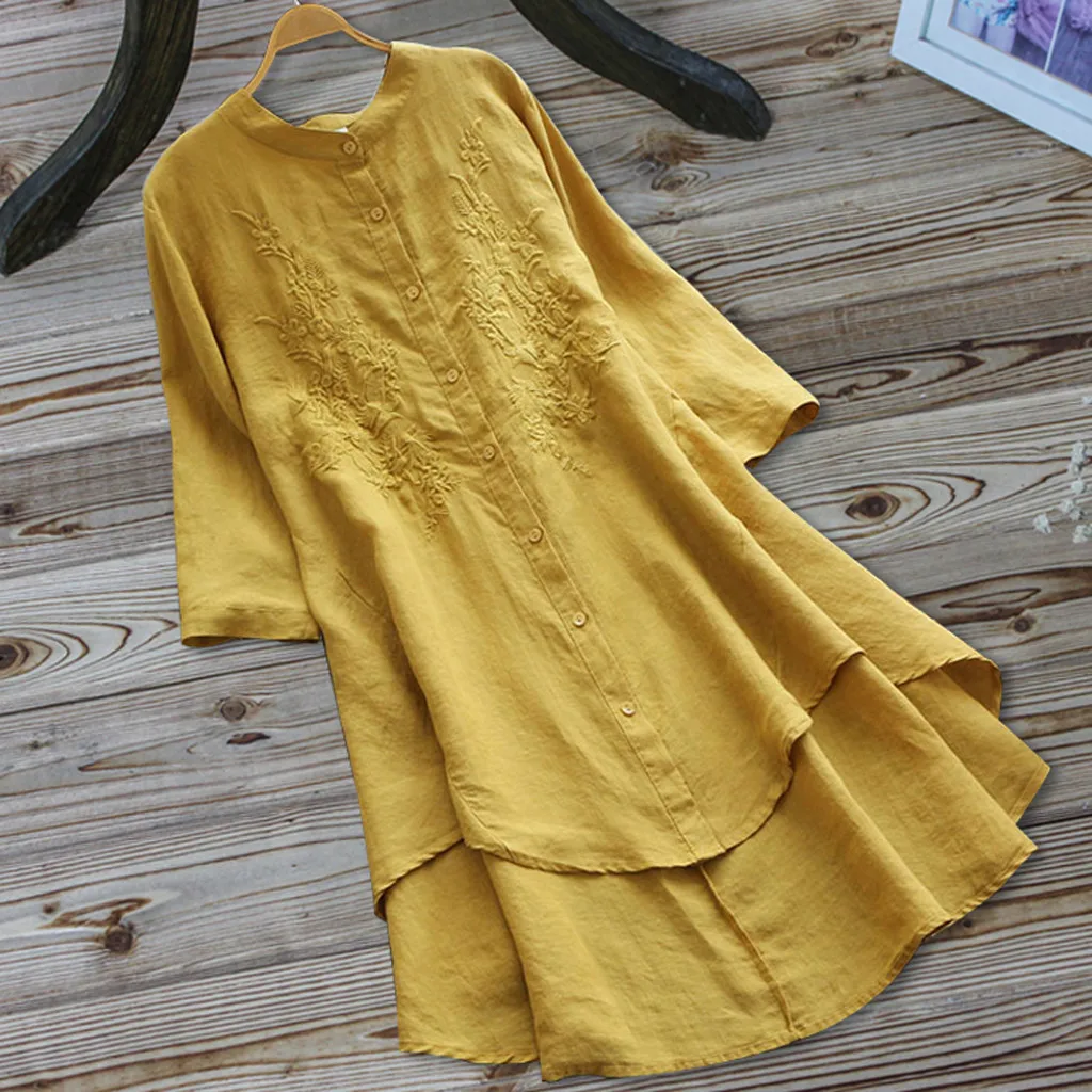 

Vintage Women Shirts Blouses Ladies Casual Embroidery Button Long Sleeve Linen And Cotton Irregular Long Tops Shirt Blouse 2019
