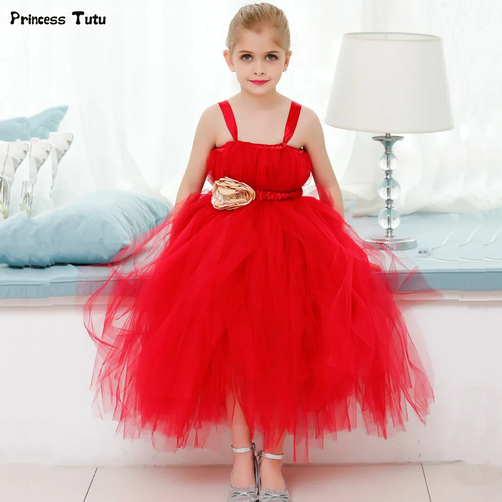 Red Flower Girl Wedding Dress Tulle Kids Girl Party Ball Gown Dress