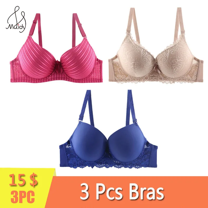 

Maidy 3Pcs/Pack Sexy Lace Bra Push Up For Women Bras Striped 3/4 Cup Deep V Plunge Brassiere Underwear 34D-48D Multi-Style