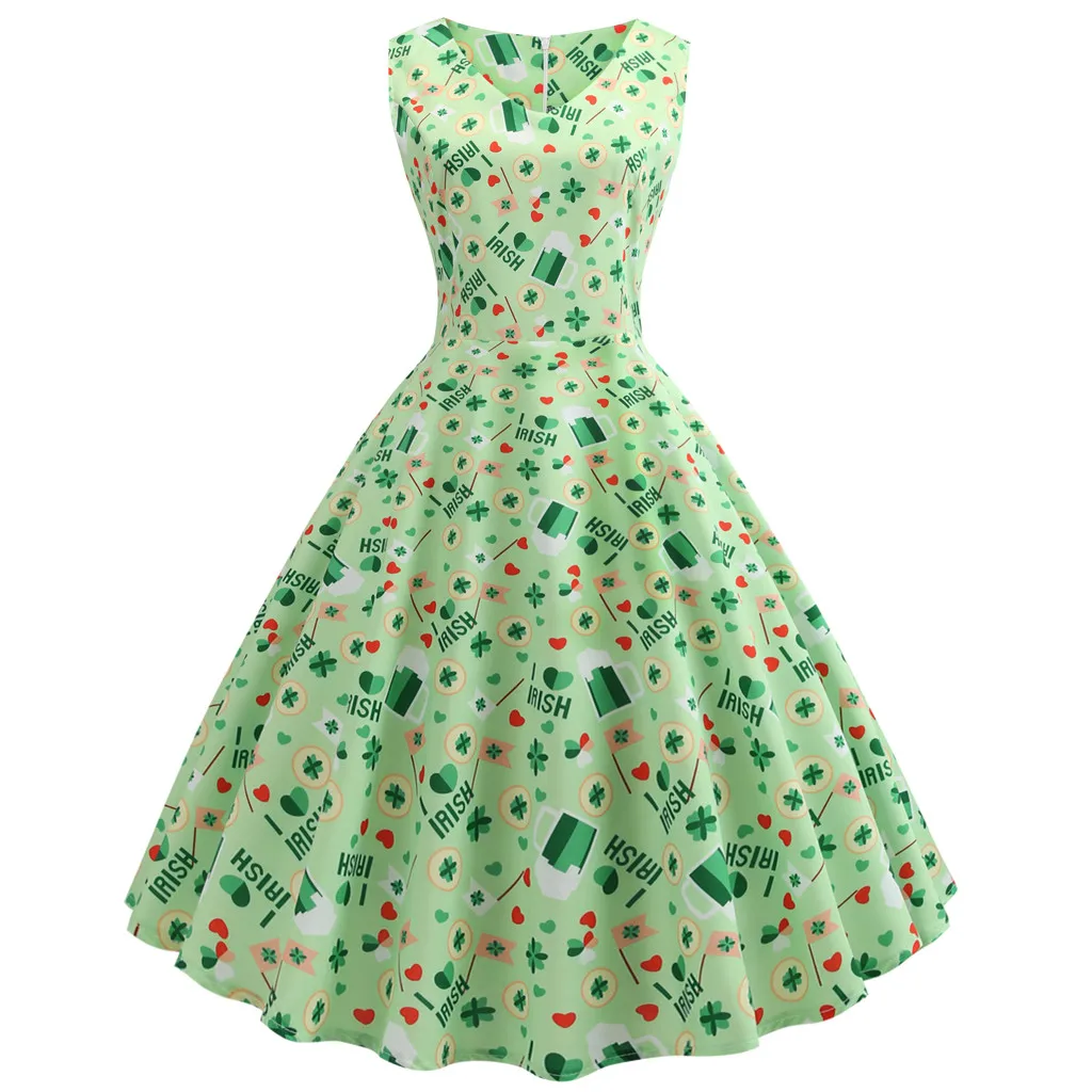 St. Patrick's Day Dresses For Women's Clover Sleeveless Evening Print Party Prom Swing Elegant Soft Bodycon Vestido | Женская