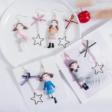 Япония мультфильм персонаж асимметричные серьги из полимеров Творческий жемчужные звезды длинный кулон женщина студенческие серьги ювелирные аксессуары