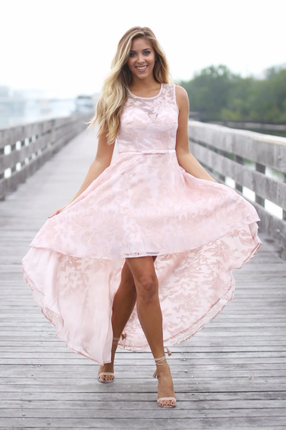 Vintage Lace Pink High Low Bridesmaid Dresses Sleeveless