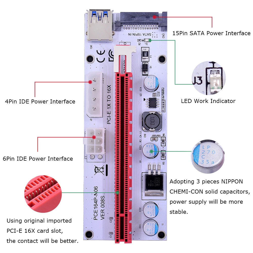 CHIPAL 60 см VER008S NGFF M.2 M ключ к PCI E 16X карта расширения PCIE удлинитель с SATA 6Pin 4Pin питание