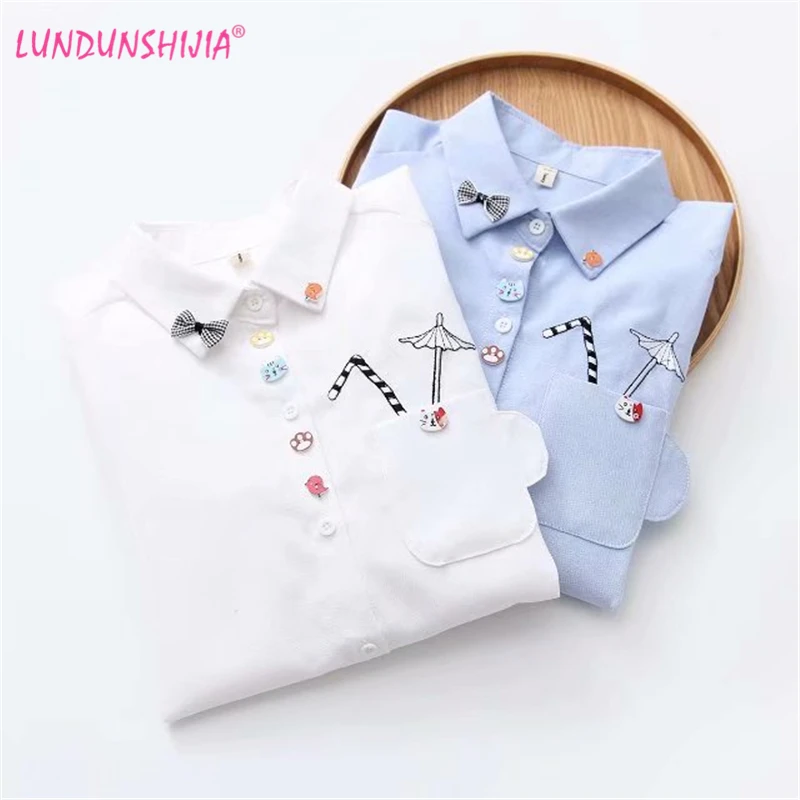 

LUNDUNSHIJIA Girl School Long Sleeve Shirt White Blue Tops Ladies Blouses Female Shirt Pocket With Cartoon Umbrella Embroidery