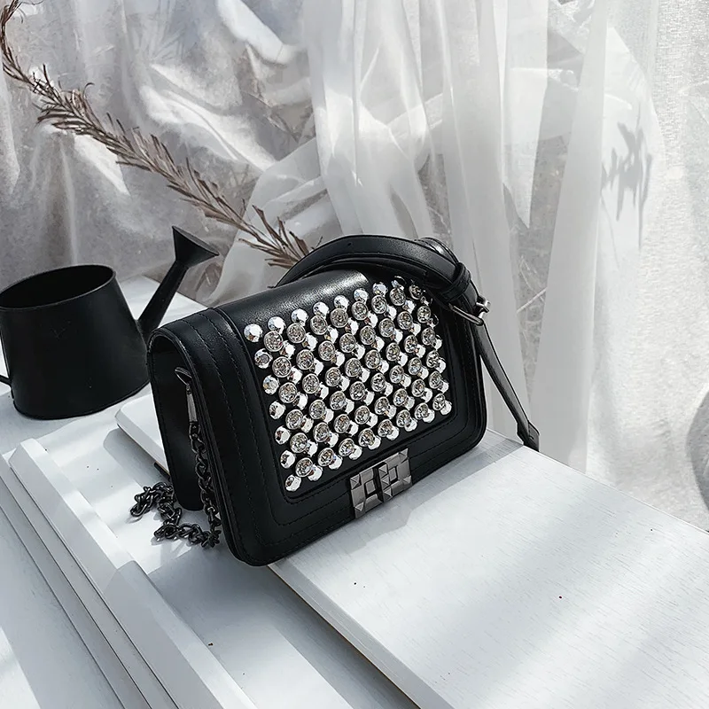 2019 جديد أزياء حزام الكتف الصغيرة صندوق مربع مشرق الماس حزمة النساء Crossbody حقيبة بو الجلود الكتف حقيبة ساعي