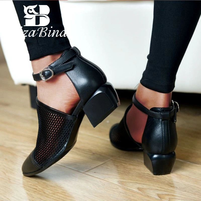 

RIZABINA New Gladiator Sandals Genuine Leather Shoes Women Buckle Ankle Strap Square Heel Shoes Office Lady Footwear Size 34-40