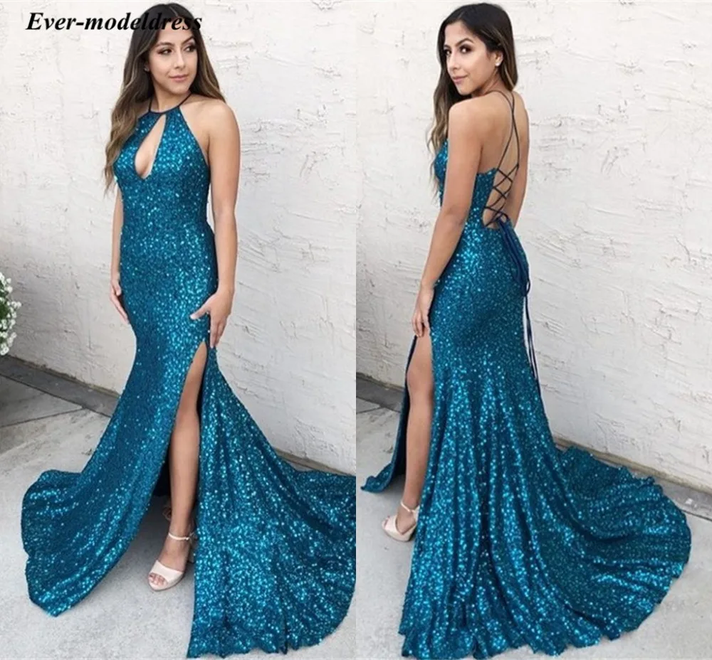 

2019 Sexy Evening Dresses Long High Split Open Back Sequins Fabric Sweep Train Charming Formal Prom Party Gowns Robe de soiree