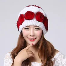 Натуральная шапка из меха кролика Рекс, рождественские вязаные женские шапки, зимняя шапка, шапки, теплые женские осенние шапки с цветочным мехом H155