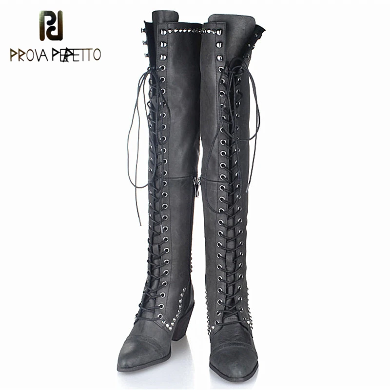 Prova Perfetto High Quality Do Old Over The Knee Boots Women Cross-Tied Point Toe Retro Shoes Winter Leather Short Plush In Boot prova perfetto winter plush in warm boots suede leather bling fringe design over the knee boot solid spike heels knight shoes