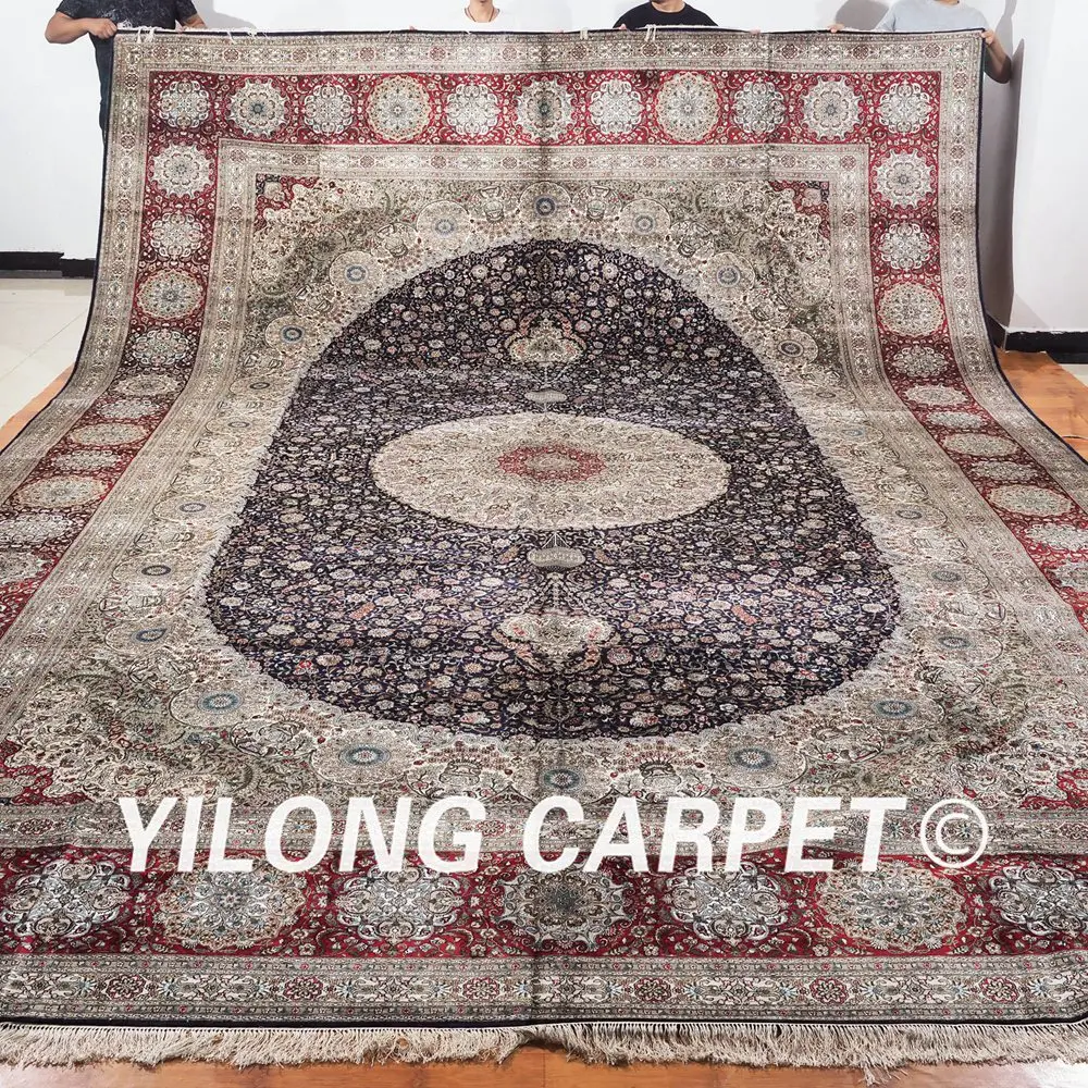 Yilong 12'x18 Классическая чистого шелка персидские ковры ручной работы медальон голубой Восточный ковер (ML100A12x18 (sr)