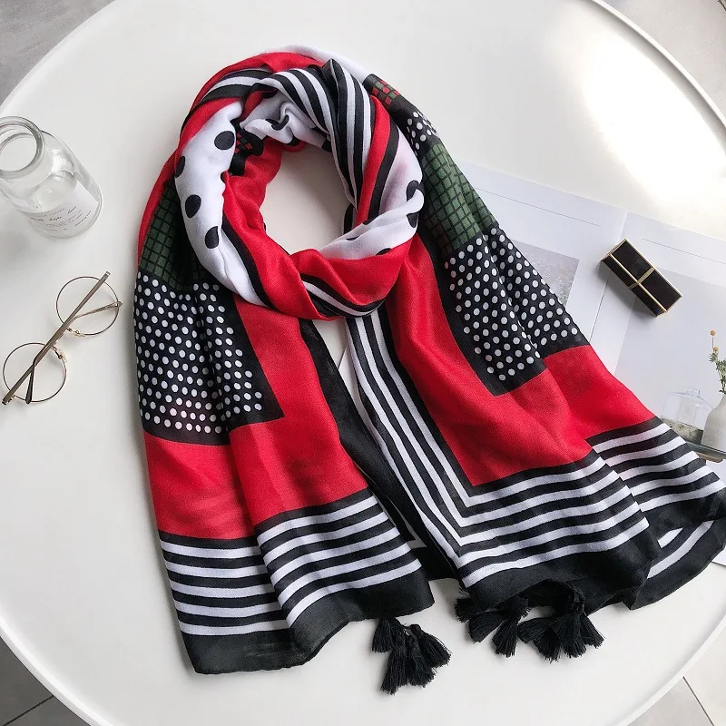 

2019 Women High Quality Patchwork Dot Tassel Viscose Shawl Scarf Soft Wrap Pashmina Neck Stole Bufandas Mujer Muslim Hijab Sjaal