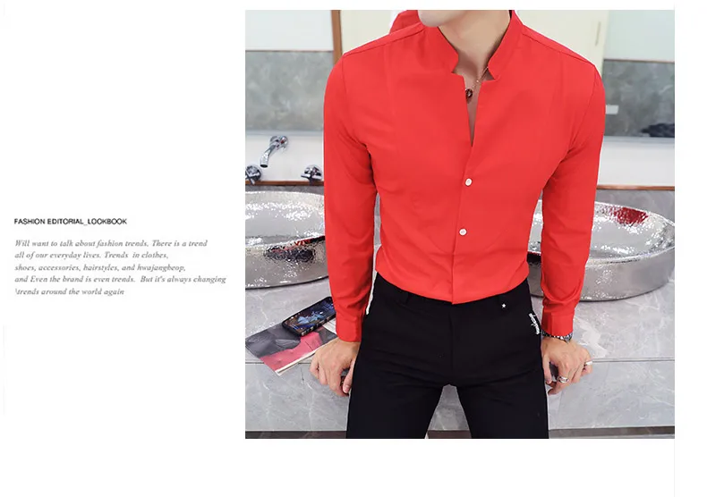 Мужская деловая Свадебная официальная рубашка осень зима стоячий воротник мужские рубашки с длинными рукавами черные красные белые тонкие элегантные Молодежные