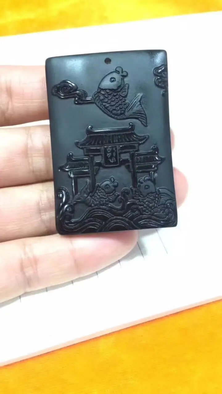 

100% Natural Black Obsidian Hand Carved Fish Lucky Pendants + free Necklace