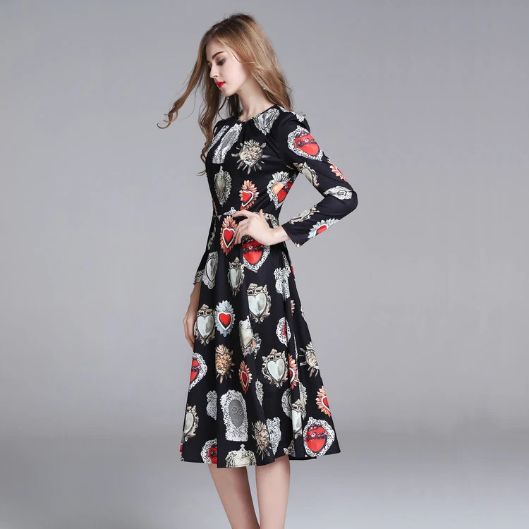 

Customized Women's Runway Designer Gemstone Print 2018 New Spring Summer Dress Long Sleeved Round Collar Black Dresses Vestidos