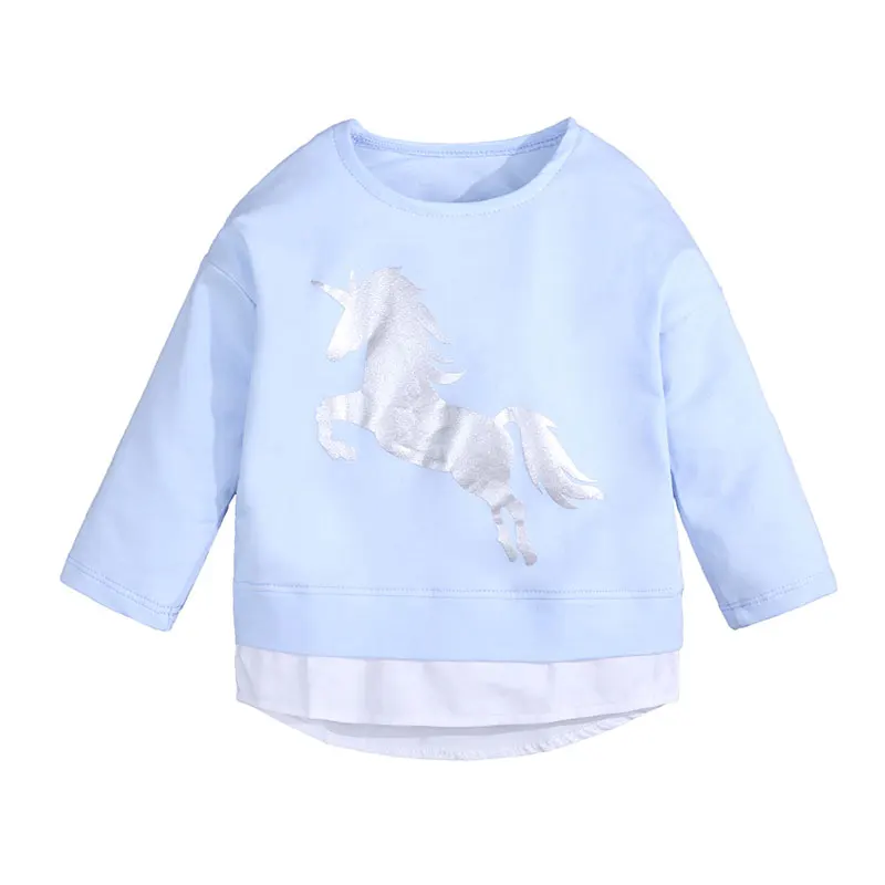 

Autumn T-shirt For Girls Child Girls Long Sleeve Tops Cartoon Horse Print Blue Children Girl T Shirt Girl Tee Tops Kids Clothing