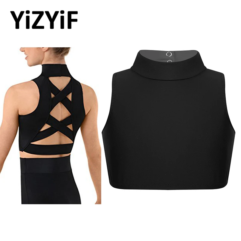 dPois Girls Spaghetti Strap Criss-Cross Back Ballet Leotard Jumpsuit Gymnastic Dance Athletic Ruched Tank Tops
