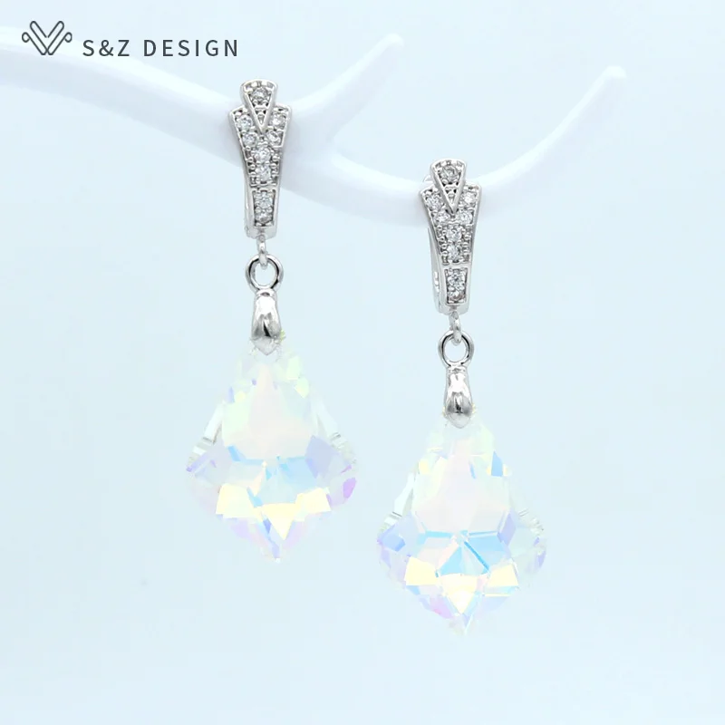 S&Z DESIGN New White Gold Color Colorful Crystal Dangle Earrings For Women Wedding Fashion Party Gift Eardrop