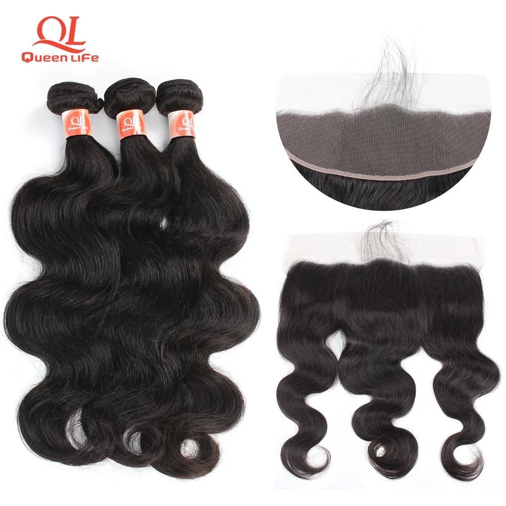 

Queenlife 3 Bundles deal with Frontal Body Wave Bundles Remy Human hair Peruvian Hair Weaving 28 inch for black woman